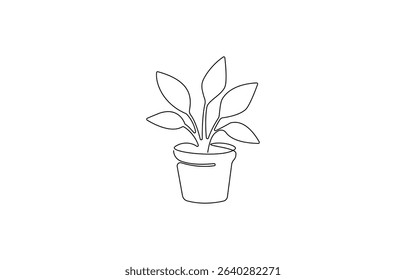 One line drawing of House plant in pot with color shapes. Continuous line hand drawn of Beautiful flower Isolated,  One line drawing of Living room with modern furniture. 