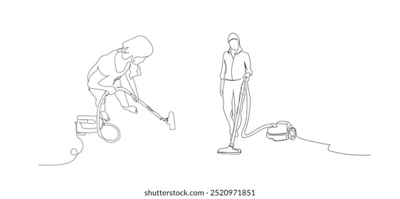 One line drawing of housewife woman with vacuum cleaner. Set of One continuous line drawing of woman using vacuum cleaner on carpet. Hand made vector not AI.