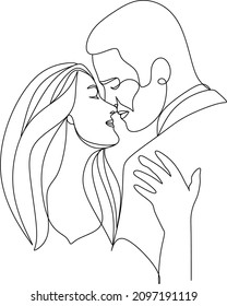 dibujo de una línea de abrazar el minimalismo vectorial de la pareja. Mano de una sola mano dibujada contínuamente de hombre y mujer en un momento romántico.