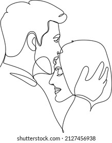 dibujo de una línea de abrazar el minimalismo vectorial de la pareja. Mano de una sola mano dibujada contínuamente de hombre y mujer en un momento romántico.