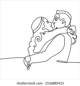 One line drawing of hugging couple - young woman and man. First kiss concept. Continuous one line drawing vector illustration.