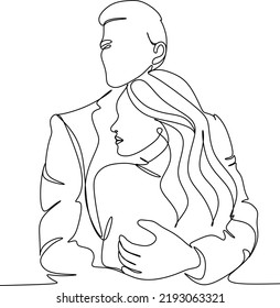 one line drawing of hugging couple vector minimalism. Single hand drawn continuous of man and woman in romantic moment.