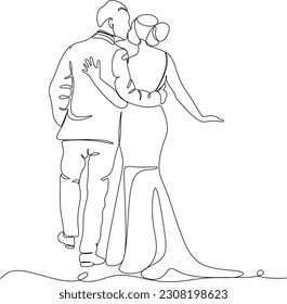 One line drawing of hugging couple vector minimalism. Single hand drawn continuous of man and woman in romantic moment.