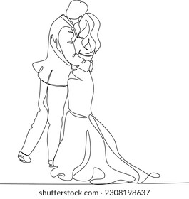 One line drawing of hugging couple vector minimalism. Single hand drawn continuous of man and woman in romantic moment.