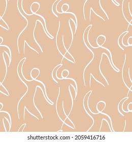 Una línea dibujando figuras humanas en un patrón sin fisuras. Textura de arte minimalista de líneas abstractas. Impresión lineal lineal simple y continua. abstracciones contemporáneas. Ilustración vectorial. Concepto de moda