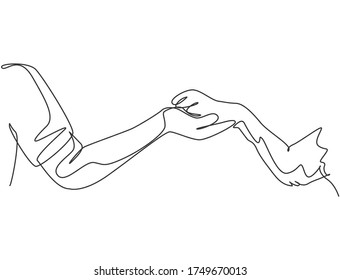 Dibujo de una línea de la mano humana sosteniendo la pierna de perro con el amor lleno. Amistad con el concepto animal de mascota. Mejor amigo para siempre. Diseño gráfico de dibujo de línea continua, ilustración vectorial