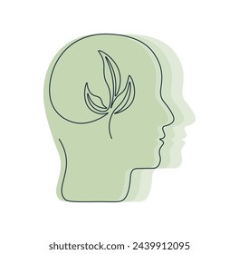 One line drawing human head with growing plant inside. Mental health concept in single continuous line. Positive thinking. Psychological growth. Taking care yourself. Simple isolated vector.