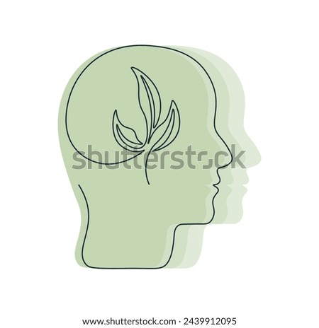 One line drawing human head with growing plant inside. Mental health concept in single continuous line. Positive thinking. Psychological growth. Taking care yourself. Simple isolated vector.