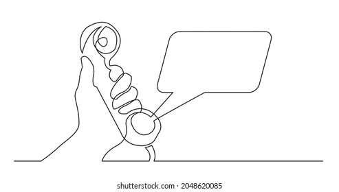one line drawing of human man hand holding phone receiver with speech bubble with copy space