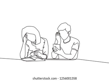 One line drawing of husband and wife unhappy for their economical condition. Continuous line drawing of frustration and stressful couple thinking about their debt bill. Vector illustration