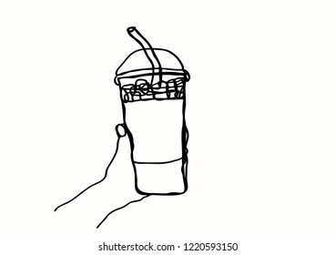 one line drawing of ice coffee with hand holding 