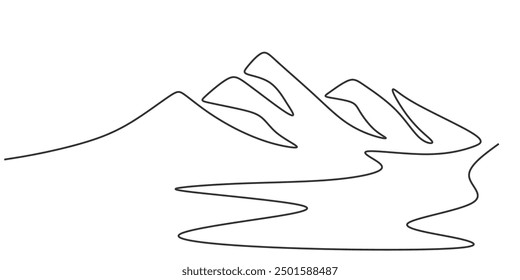 One line drawing icon. Mountain range pattern. Contour line landscape sign. Mount in continuous linear style. Simple adventure winter sports concept.