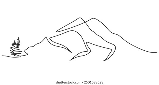 One line drawing icon. Mountain range pattern. Contour line landscape sign. Mount in continuous linear style. Simple adventure winter sports concept.