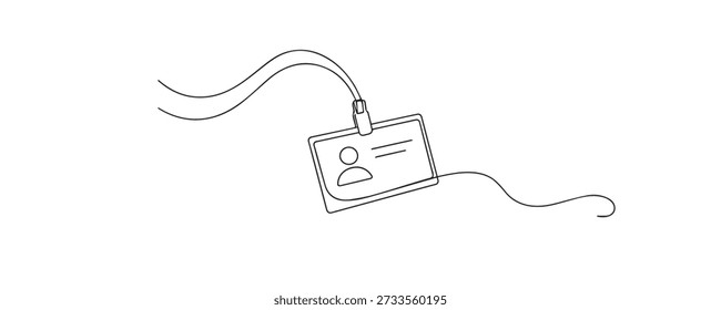 Un dibujo de línea de una tarjeta de Identificación colgando de un cordón. Línea continua dibujada a mano que representa la identidad, el acceso, la seguridad, la oficina y el uso profesional.