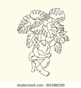 One line drawing illustration of a baby with growing with monstera leaves. Cute sleeping baby line art. Little kid in the minimalist style. Vector illustration