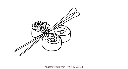 One line  Drawing or illustration of chopsticks holding a piece of sushi, Continuous Line Drawing of Sushi Icon. Hand Drawn Symbol Vector Illustration, Continuous one line drawing of chopsticks hold. 