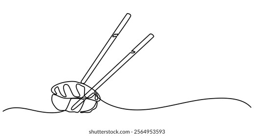 One line  Drawing or illustration of chopsticks holding a piece of sushi, Continuous Line Drawing of Sushi Icon. Hand Drawn Symbol Vector Illustration, Continuous one line drawing of chopsticks hold. 