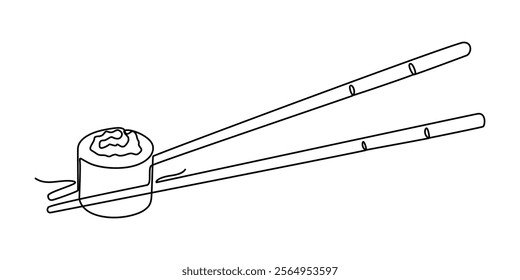 One line  Drawing or illustration of chopsticks holding a piece of sushi, Continuous Line Drawing of Sushi Icon. Hand Drawn Symbol Vector Illustration, Continuous one line drawing of chopsticks hold. 