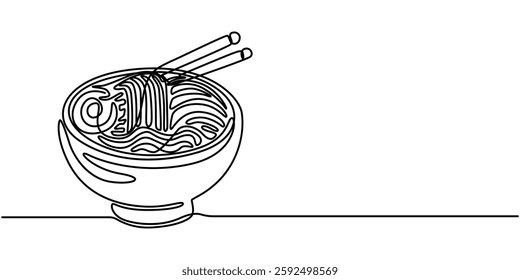 One line Drawing or illustration of a plate full of spaghetti, One line Drawing or illustration of ramen in a bowl, Spaghetti Line Icon, Chinese bowl and food, One line illustration of ramen bowl. 