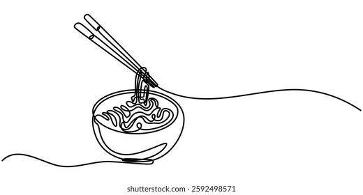 One line Drawing or illustration of a plate full of spaghetti, One line Drawing or illustration of ramen in a bowl, Spaghetti Line Icon, Chinese bowl and food, One line illustration of ramen bowl. 