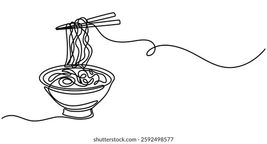 One line Drawing or illustration of a plate full of spaghetti, One line Drawing or illustration of ramen in a bowl, Spaghetti Line Icon, Chinese bowl and food, One line illustration of ramen bowl. 