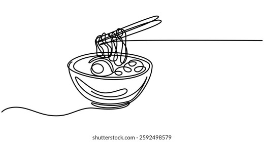 One line Drawing or illustration of a plate full of spaghetti, One line Drawing or illustration of ramen in a bowl, Spaghetti Line Icon, Chinese bowl and food, One line illustration of ramen bowl. 