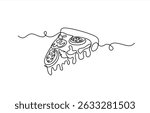 One line Drawing or illustration of slice of pizza with pepperoni and mushrooms. Editable stroke.	 