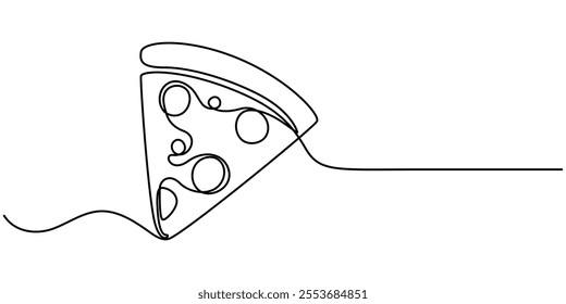 One line Drawing or illustration of slice of pizza with pepperoni and mushrooms, Pizzeria Continuous Line Illustration, Pizza continuous one line drawing vector illustration, Continuous single one.