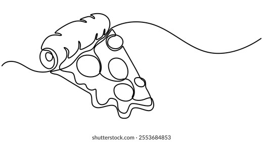 One line Drawing or illustration of slice of pizza with pepperoni and mushrooms, Pizzeria Continuous Line Illustration, Pizza continuous one line drawing vector illustration, Continuous single one.