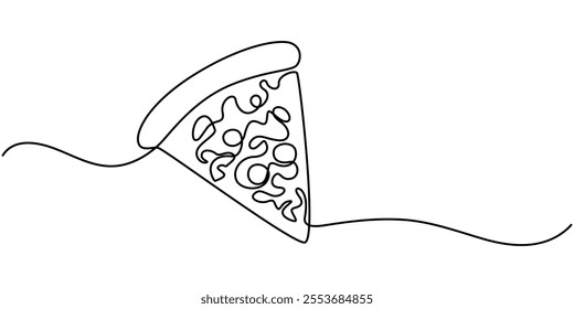 One line Drawing or illustration of slice of pizza with pepperoni and mushrooms, Pizzeria Continuous Line Illustration, Pizza continuous one line drawing vector illustration, Continuous single one.