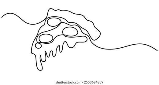 One line Drawing or illustration of slice of pizza with pepperoni and mushrooms, Pizzeria Continuous Line Illustration, Pizza continuous one line drawing vector illustration, Continuous single one.