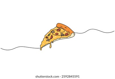 One line Drawing or illustration of slice of pizza with pepperoni and mushrooms, Continuous Line Illustration, Pizza continuous one line drawing vector illustration, Continuous single one.