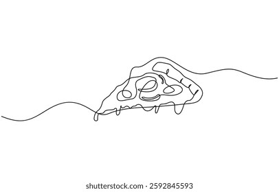 One line Drawing or illustration of slice of pizza with pepperoni and mushrooms, Continuous Line Illustration, Pizza continuous one line drawing vector illustration, Continuous single one.