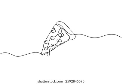 One line Drawing or illustration of slice of pizza with pepperoni and mushrooms, Continuous Line Illustration, Pizza continuous one line drawing vector illustration, Continuous single one.