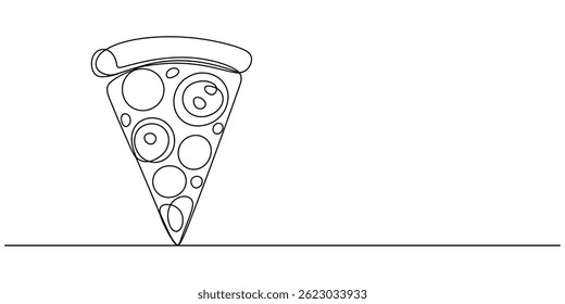 Uma linha Desenho ou ilustração de fatia de pizza com pepperoni e cogumelos, desenho de linha única contínua de delicioso design de pizza de queijo fatiado esboço ilustração vetorial, Linha contínua.
