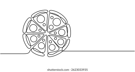 Uma linha Desenho ou ilustração de fatia de pizza com pepperoni e cogumelos, desenho de linha única contínua de delicioso design de pizza de queijo fatiado esboço ilustração vetorial, Linha contínua.