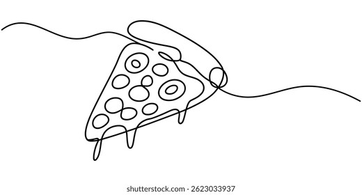 Uma linha Desenho ou ilustração de fatia de pizza com pepperoni e cogumelos, desenho de linha única contínua de delicioso design de pizza de queijo fatiado esboço ilustração vetorial, Linha contínua.