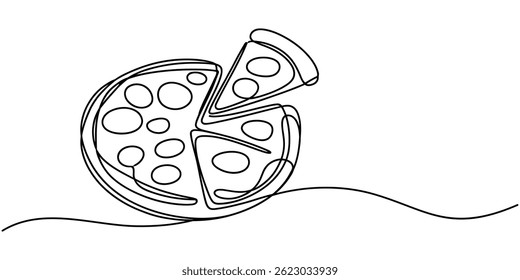Uma linha Desenho ou ilustração de fatia de pizza com pepperoni e cogumelos, desenho de linha única contínua de delicioso design de pizza de queijo fatiado esboço ilustração vetorial, Linha contínua.