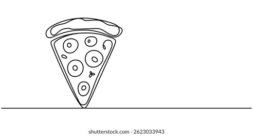 Uma linha Desenho ou ilustração de fatia de pizza com pepperoni e cogumelos, desenho de linha única contínua de delicioso design de pizza de queijo fatiado esboço ilustração vetorial, Linha contínua.