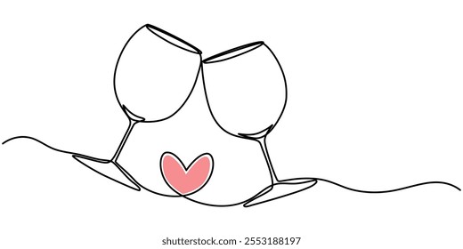 One line  Drawing or illustration of wine glass, Celebratory Toast Continuous Line Illustration, Wine bottle and wine glass drawing with one continuous line. One continuous line of a bottle and wine.