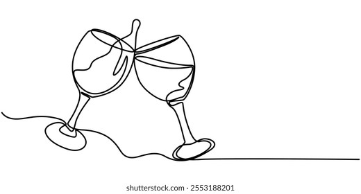 One line  Drawing or illustration of wine glass, Celebratory Toast Continuous Line Illustration, Wine bottle and wine glass drawing with one continuous line. One continuous line of a bottle and wine.