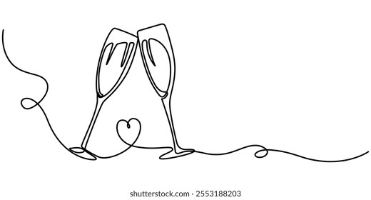 One line  Drawing or illustration of wine glass, Celebratory Toast Continuous Line Illustration, Wine bottle and wine glass drawing with one continuous line. One continuous line of a bottle and wine.