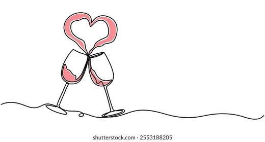 One line  Drawing or illustration of wine glass, Celebratory Toast Continuous Line Illustration, Wine bottle and wine glass drawing with one continuous line. One continuous line of a bottle and wine.