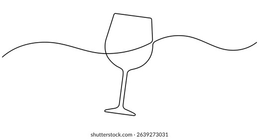 One line  Drawing or illustration of wine glass, Two clinking champagne glasses one line design. Creative sparkling wine glass, continuous lines vector banner. Design for party, anniversary.