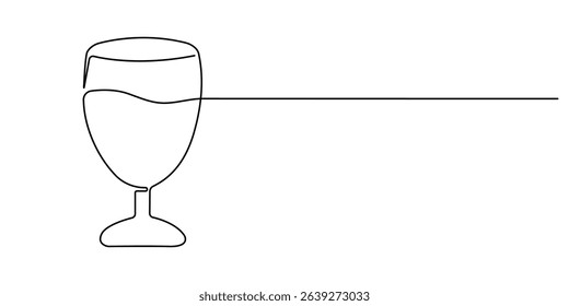 One line  Drawing or illustration of wine glass, Two clinking champagne glasses one line design. Creative sparkling wine glass, continuous lines vector banner. Design for party, anniversary.