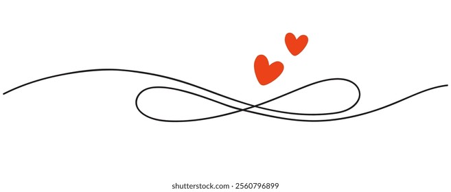 One line drawing. Infinity love symbol. Decorative ornament with two red heart shape. Divider design element for wedding or Valentines day. Vector stock illustration.