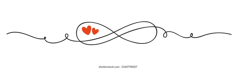 One line drawing. Infinity love symbol. Decorative ornament with two red heart shape. Divider design element for wedding or Valentines day. Vector stock illustration.