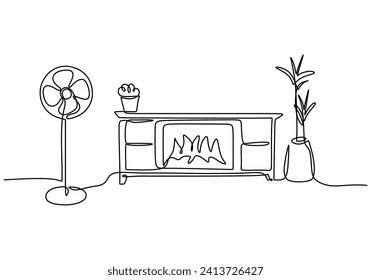One line drawing interior decoration. Home with blow fan appliance and plant. Vector illustration decor concept.