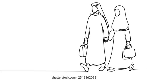 One line drawing of an Islamic couple walking side by side, expressing unity, love, and companionship in a minimalist artistic approach.