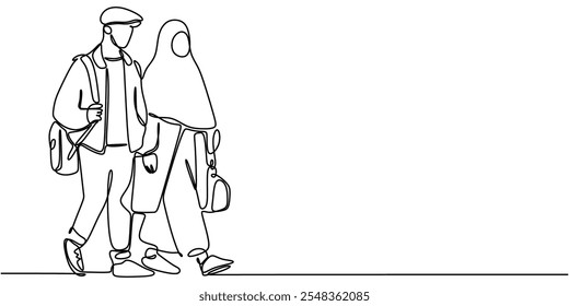 One line drawing of an Islamic couple walking together. Represents love, companionship, and a shared journey in a simple artistic form.